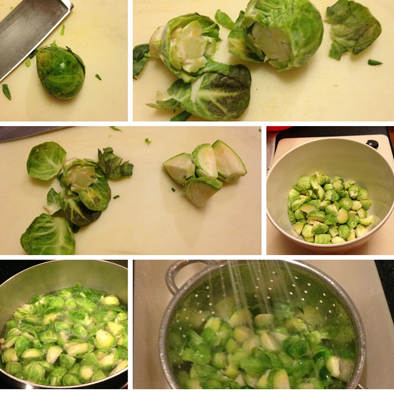 Trim and quarter brussels sprouts. Blanche for 2 - 3 minutes. Shock in cold water to stop the cooking.