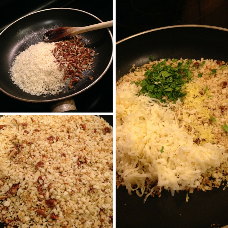 Melt butter in small skillet. Toss bread crumbs and chopped nuts until lightly browned. Allow to cool and then stir in cheese, lemon zest, parsley, salt and pepper.