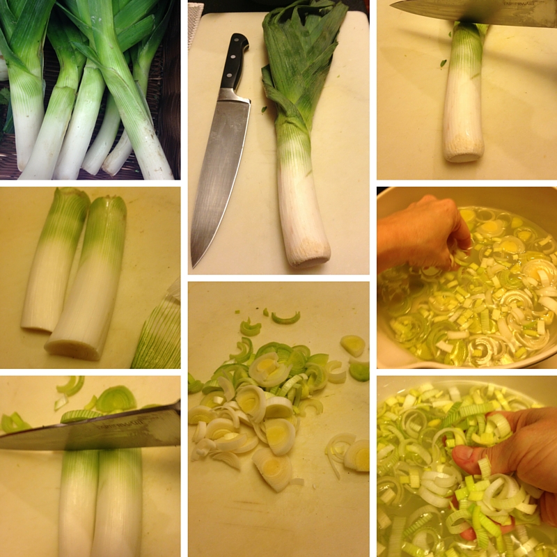 Leeks are underrated and underused in my opinion. They can vary greatly in size. I bought a beast. Cut off green top and root end. Cut in half lengthwise, then into half moons. Agitate slices in a bowl of cool water. Carefully scoop out slices without disturbing the dirt. Drain on paper towel before sauteeing.